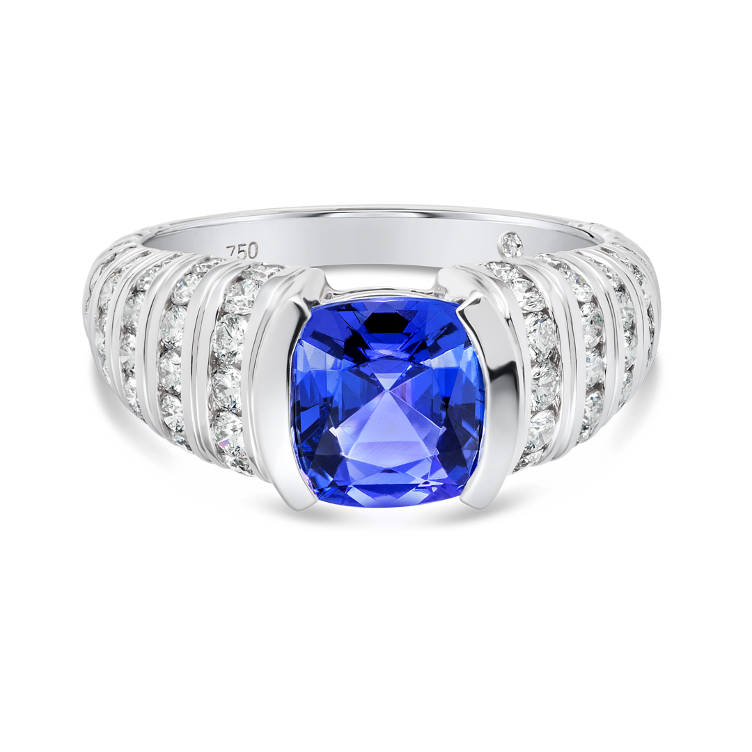 2.2ct Cushion Natural Tanzanite Bespoke Ring White Gold