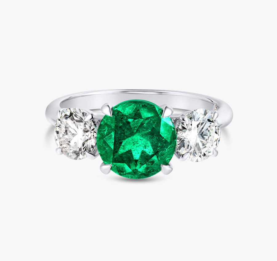 2.50ct Round Natural Green Emerald Trilogy Ring White Gold