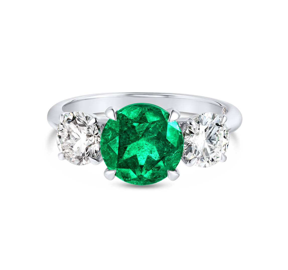 2.50ct Round Natural Green Emerald Trilogy Ring White Gold