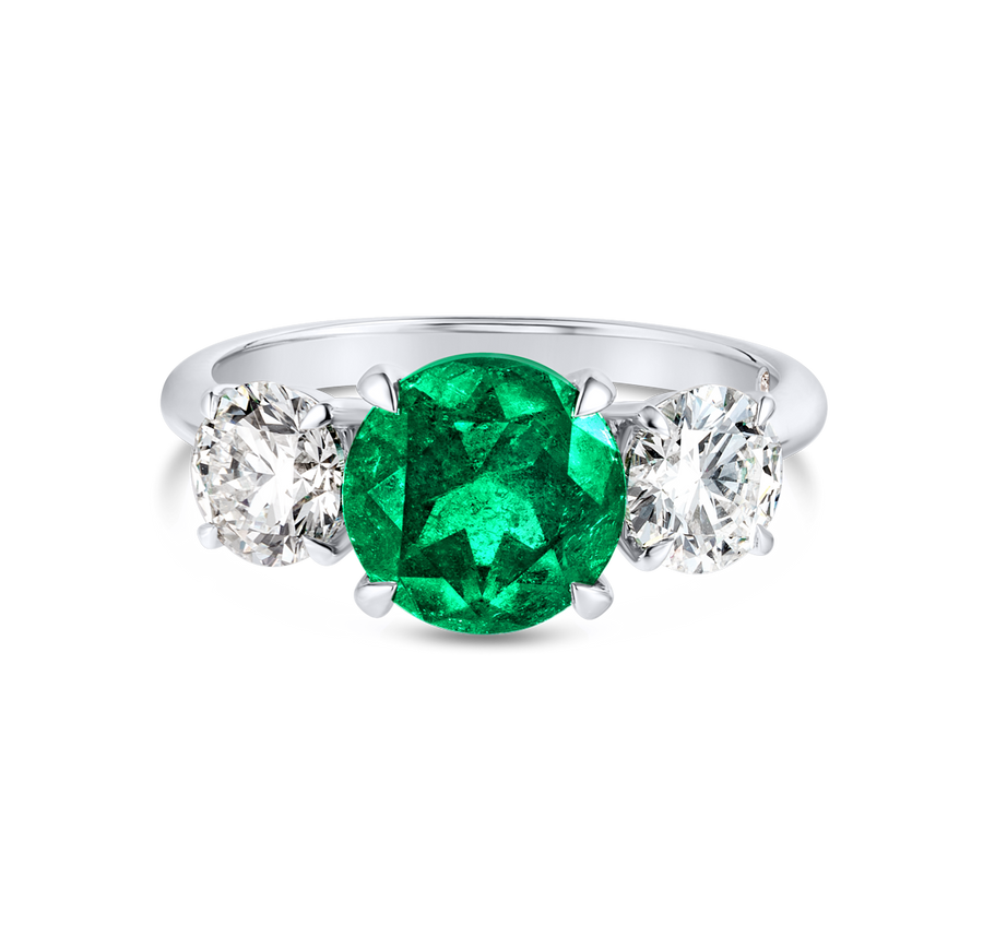 2.50ct Round Natural Green Emerald Trilogy Ring White Gold