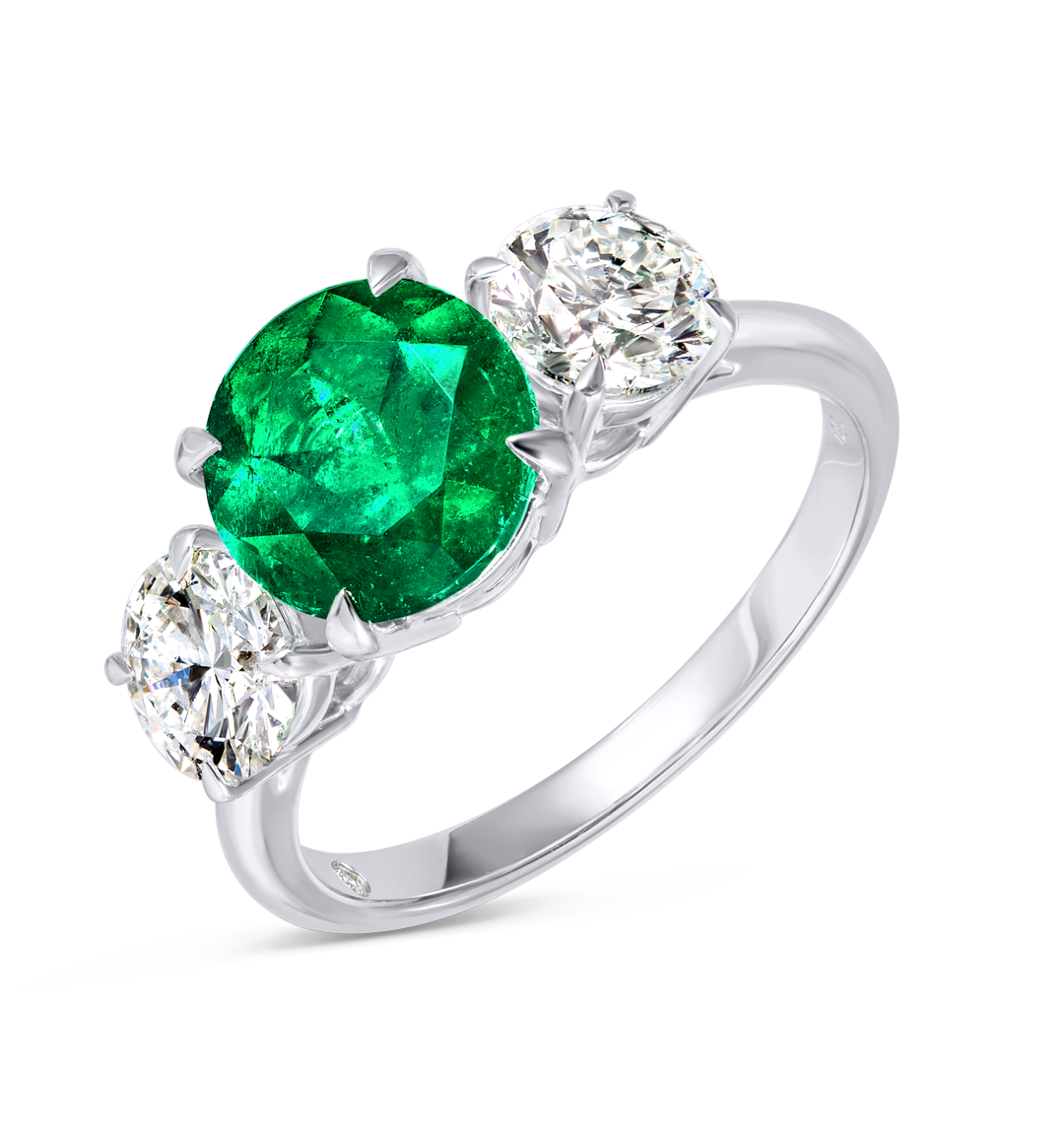 2.50ct Round Natural Green Emerald Trilogy Ring White Gold