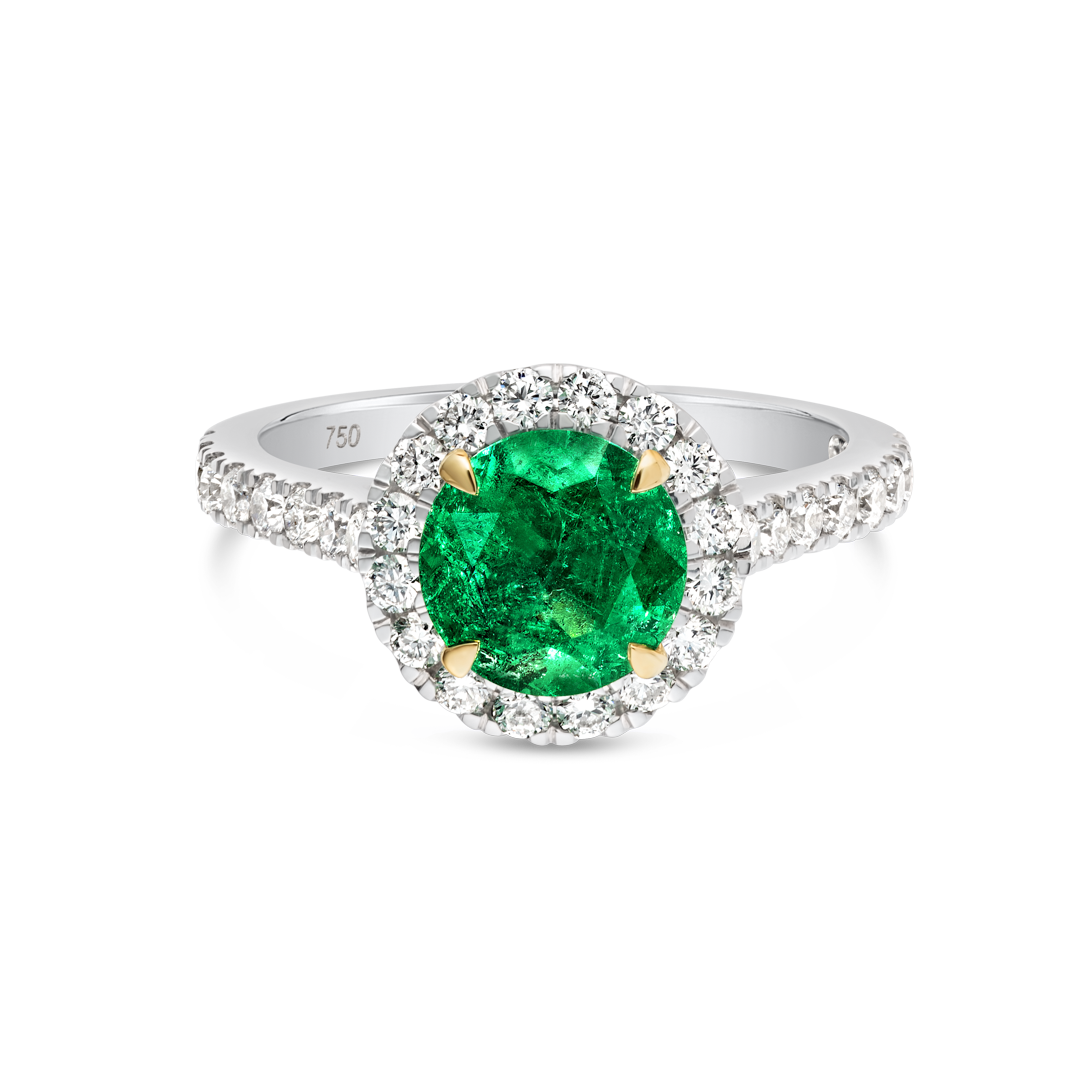 1.37ct Round Natural Green Emerald Halo Ring White Gold