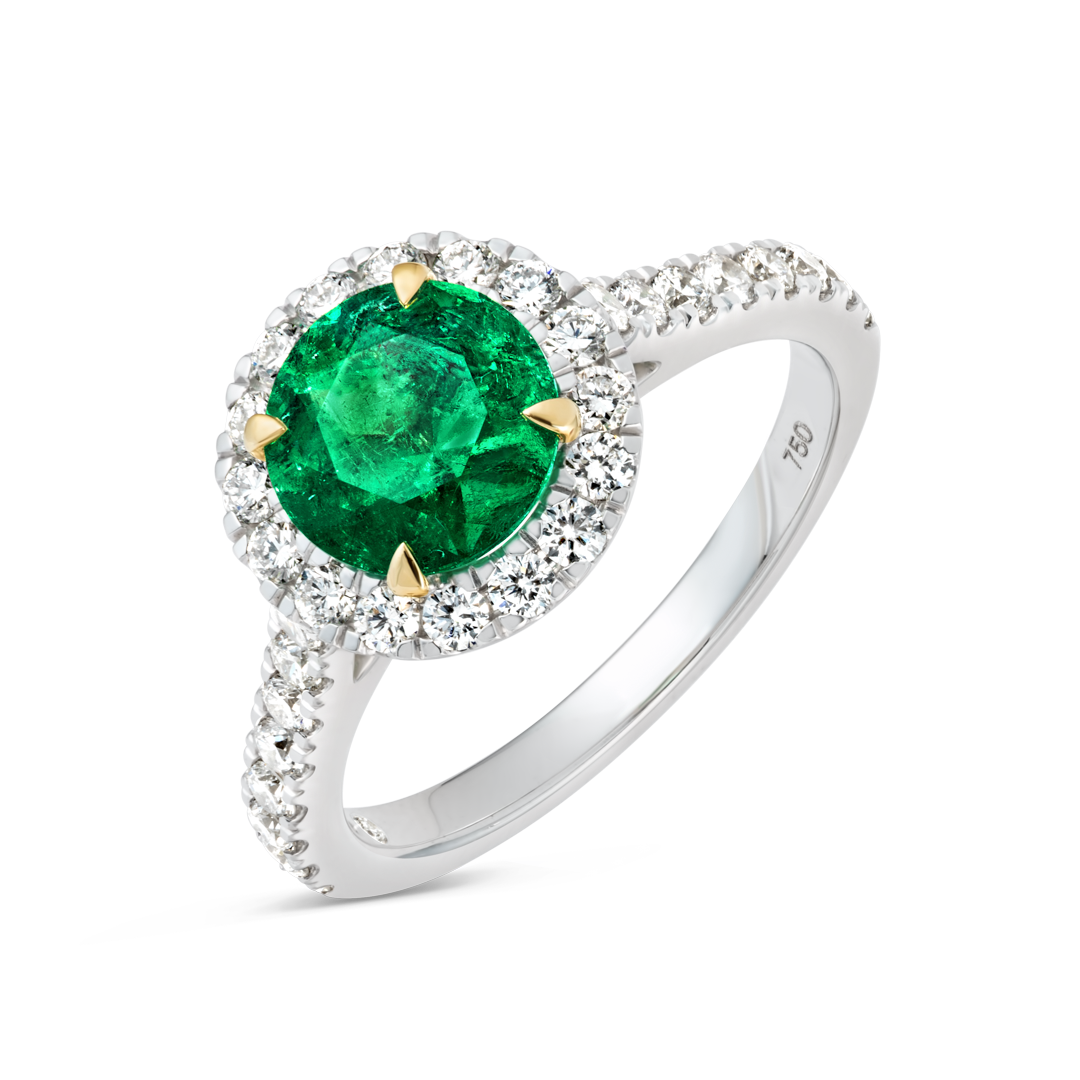 1.37ct Round Natural Green Emerald Halo Ring White Gold