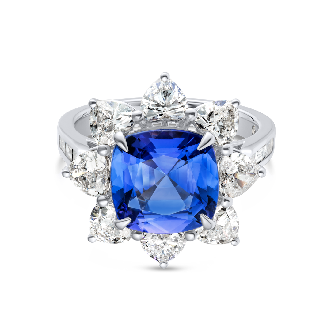 3.59 Cushion Natural Tanzanite Halo Ring White Gold