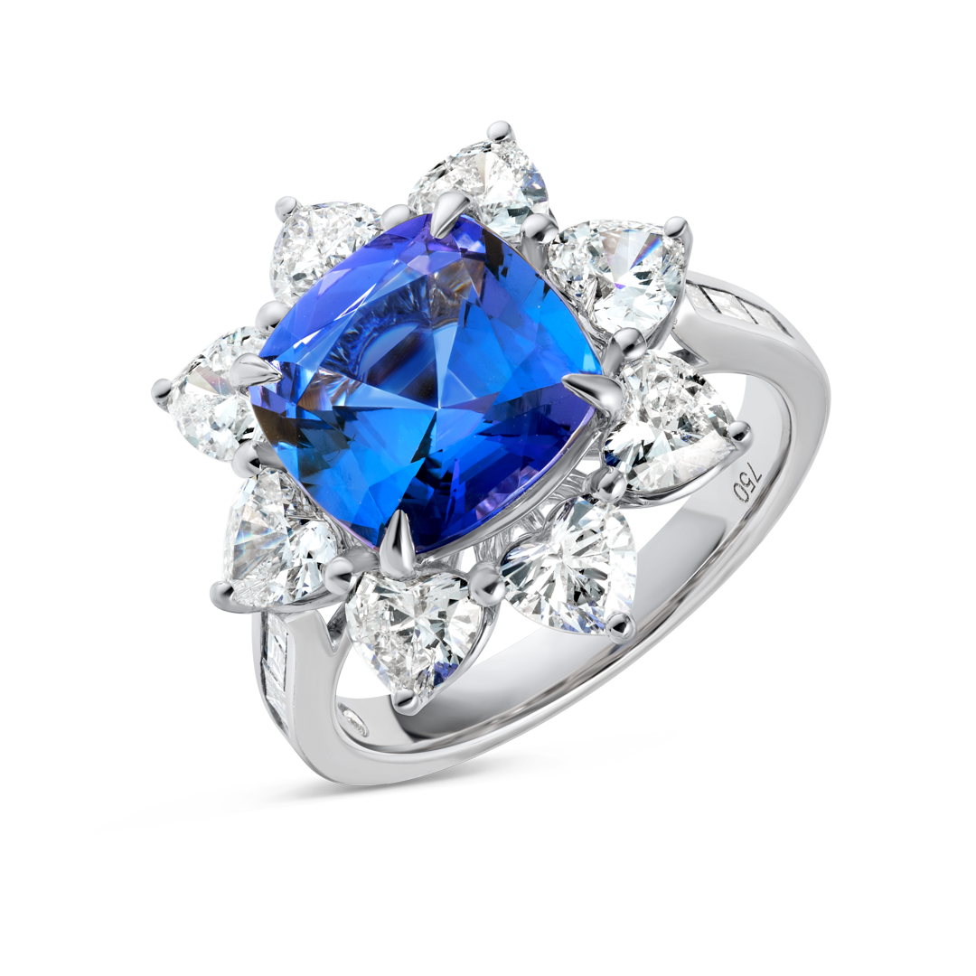 3.59 Cushion Natural Tanzanite Halo Ring White Gold