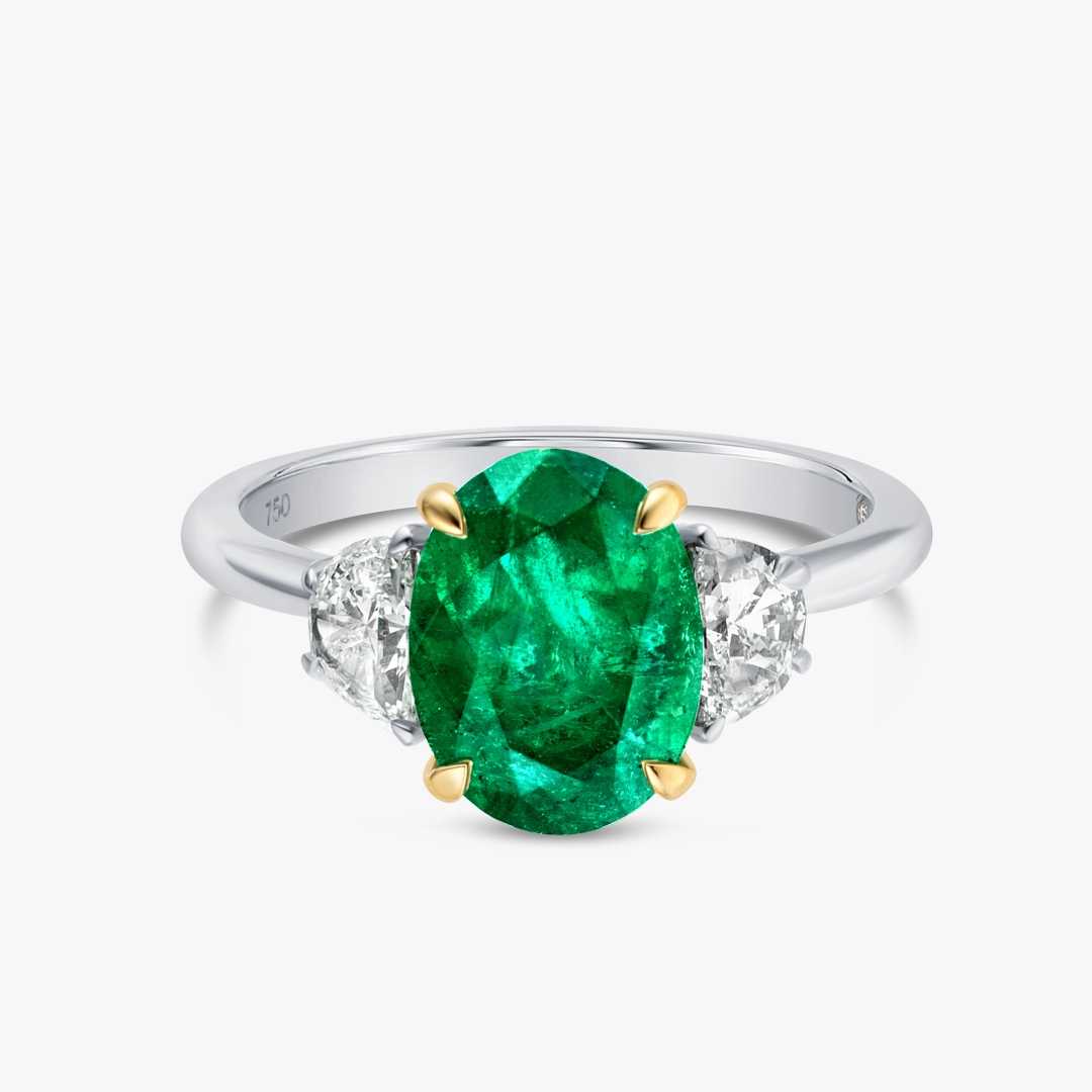 1.98ct Oval Natural Green Emerald Trilogy Ring White Gold