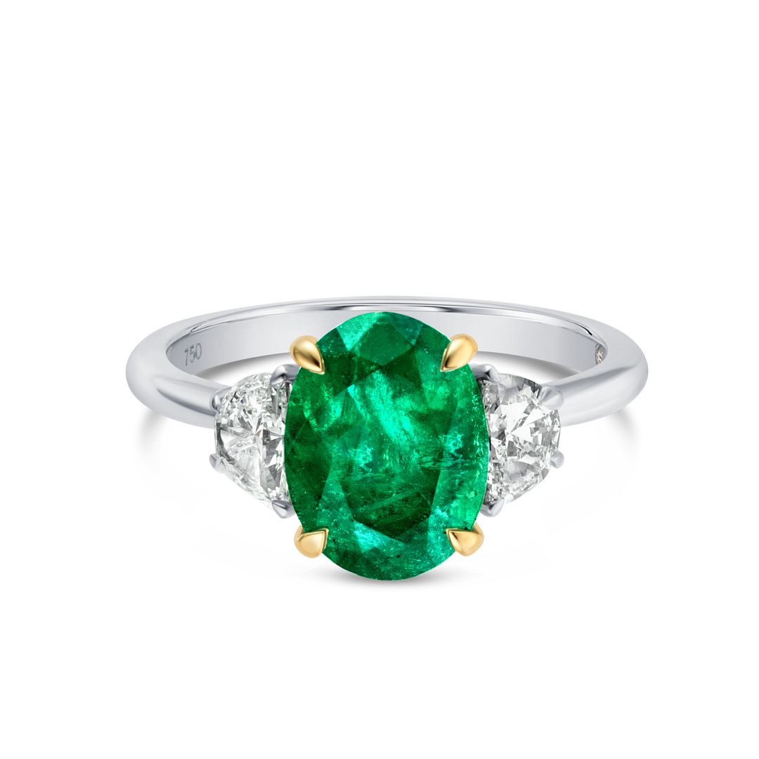 1.98ct Oval Natural Green Emerald Trilogy Ring White Gold