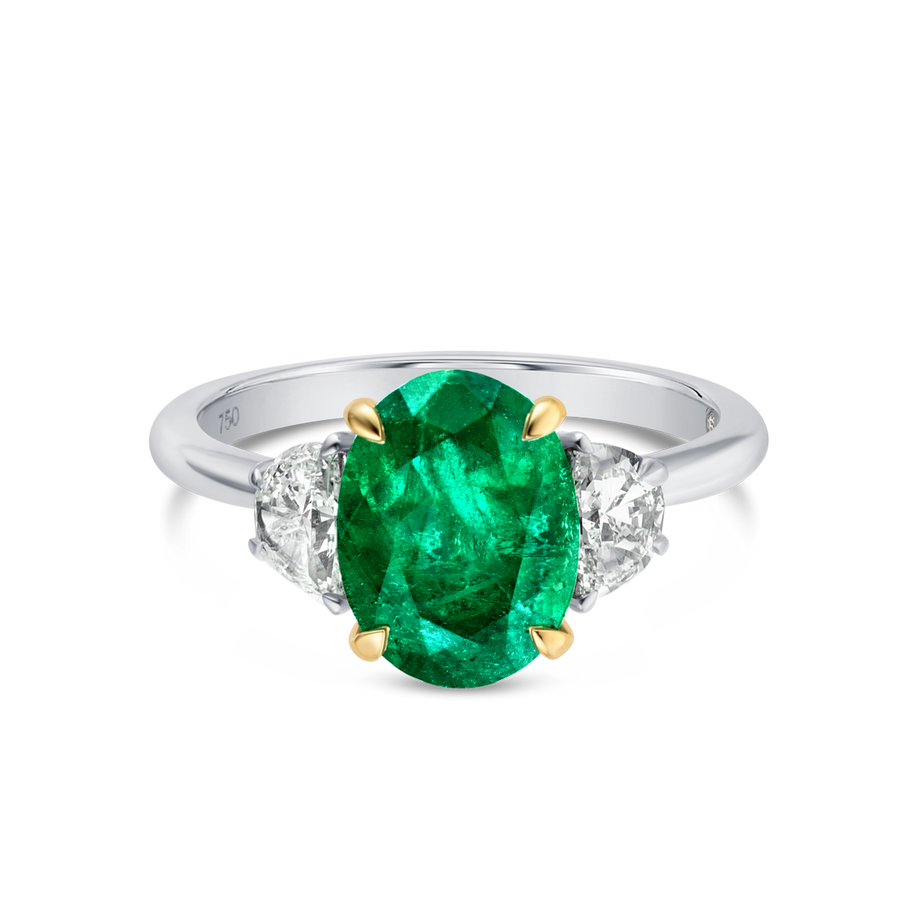 1.98ct Oval Natural Green Emerald Trilogy Ring White Gold