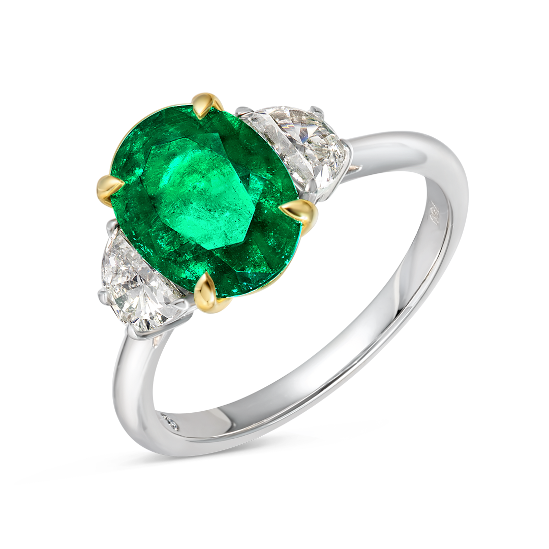1.98ct Oval Natural Green Emerald Trilogy Ring White Gold