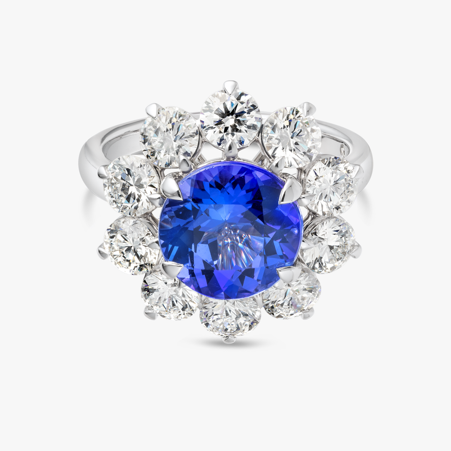 3.68ct Round Natural Tanzanite Halo Ring White Gold
