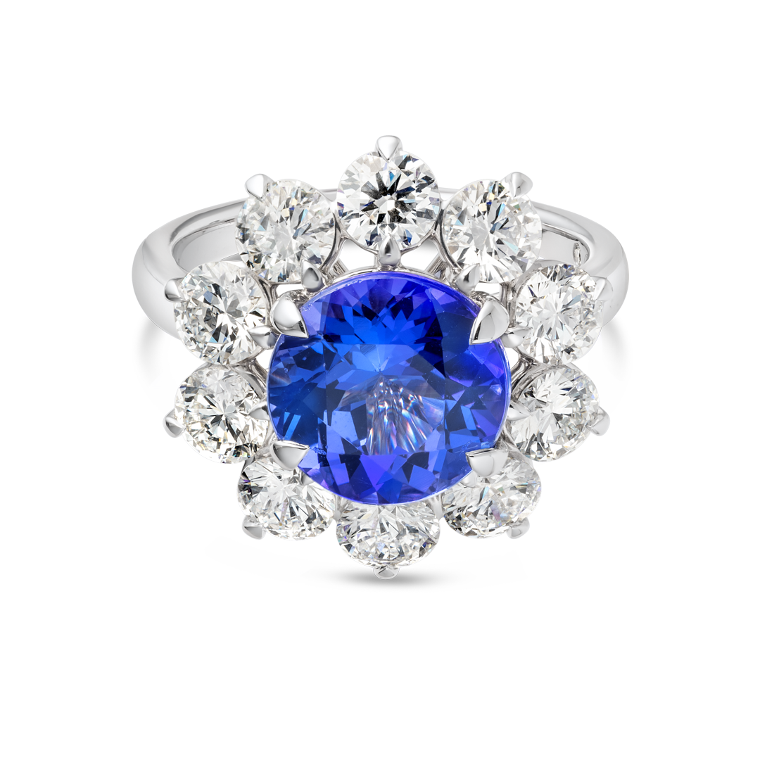 3.68ct Round Natural Tanzanite Halo Ring White Gold