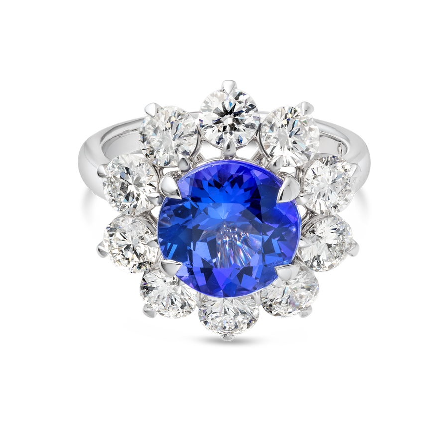 3.68ct Round Natural Tanzanite Halo Ring White Gold