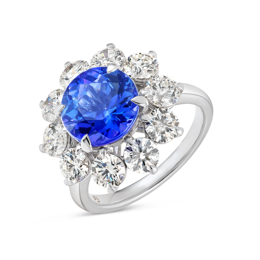 3.68ct Round Natural Tanzanite Halo Ring White Gold