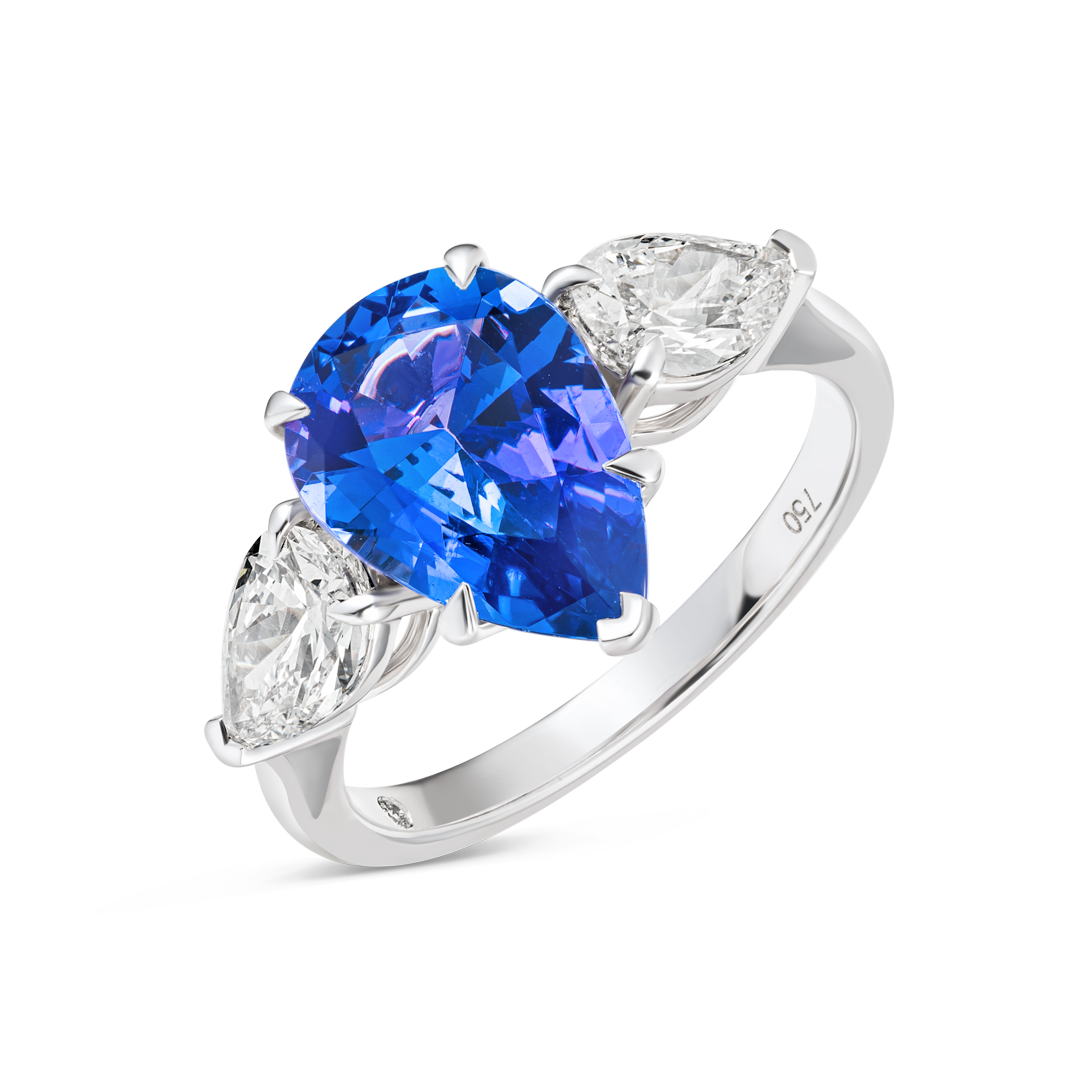 3.01 Pear Natural Tanzanite Trilogy Ring White Gold