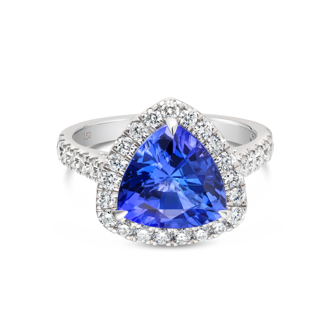 3.6ct Triangle Natural Tanzanite Halo Ring White Gold