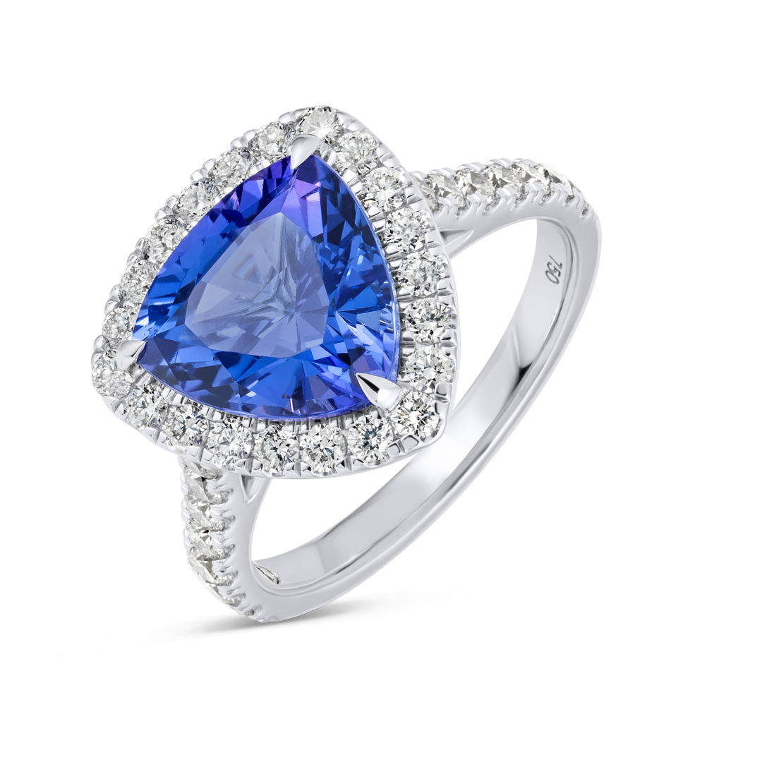 3.6ct Triangle Natural Tanzanite Halo Ring White Gold