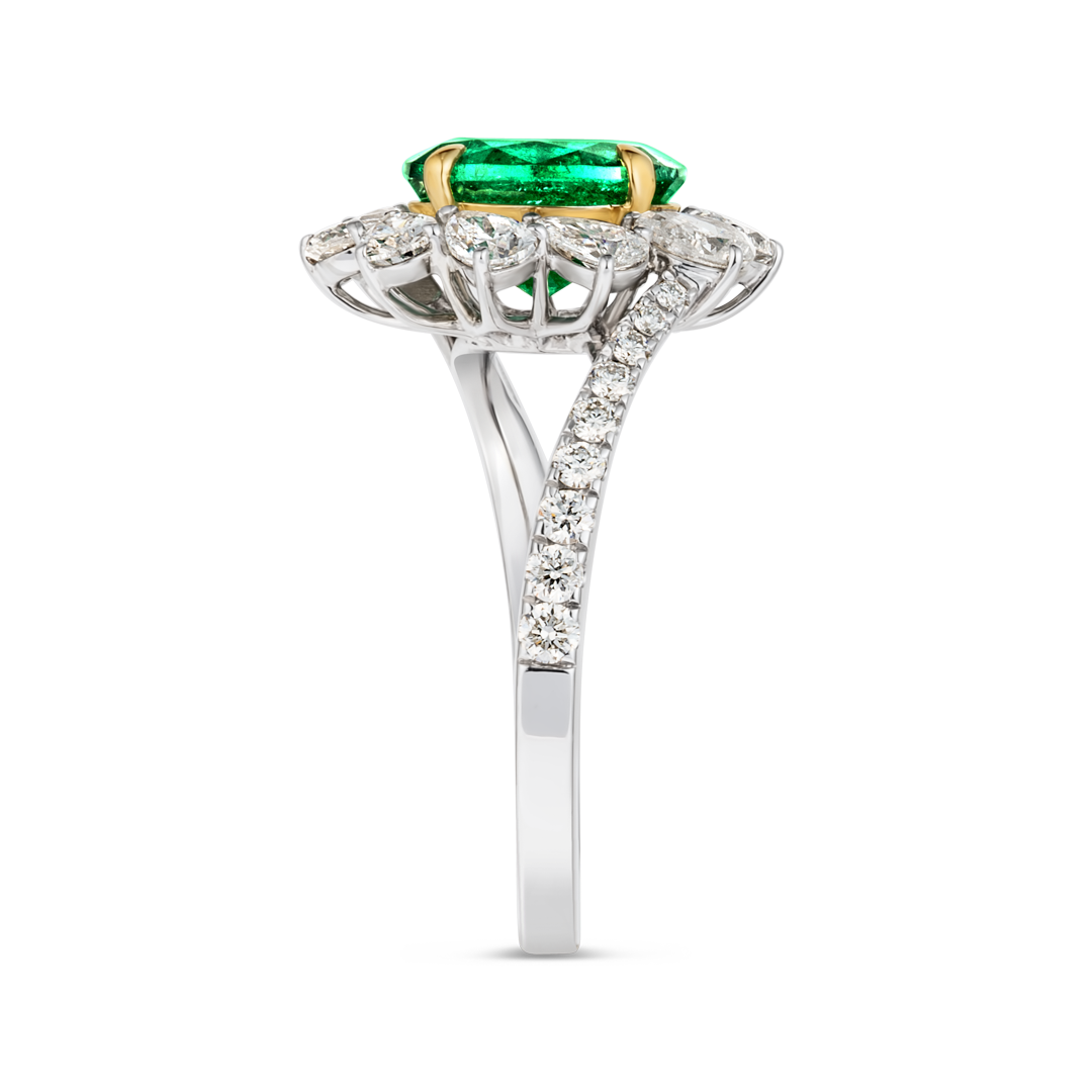 1.55ct Oval Natural Green Emerald Halo Ring White Gold