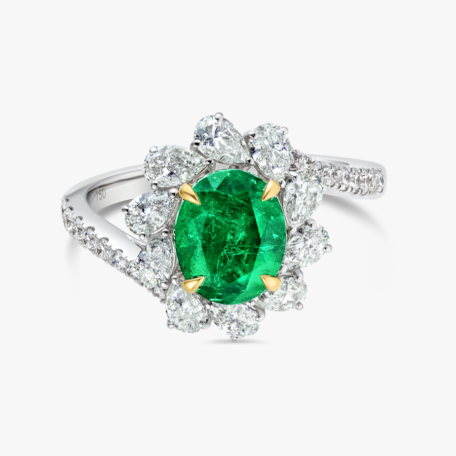 1.55ct Oval Natural Green Emerald Halo Ring White Gold