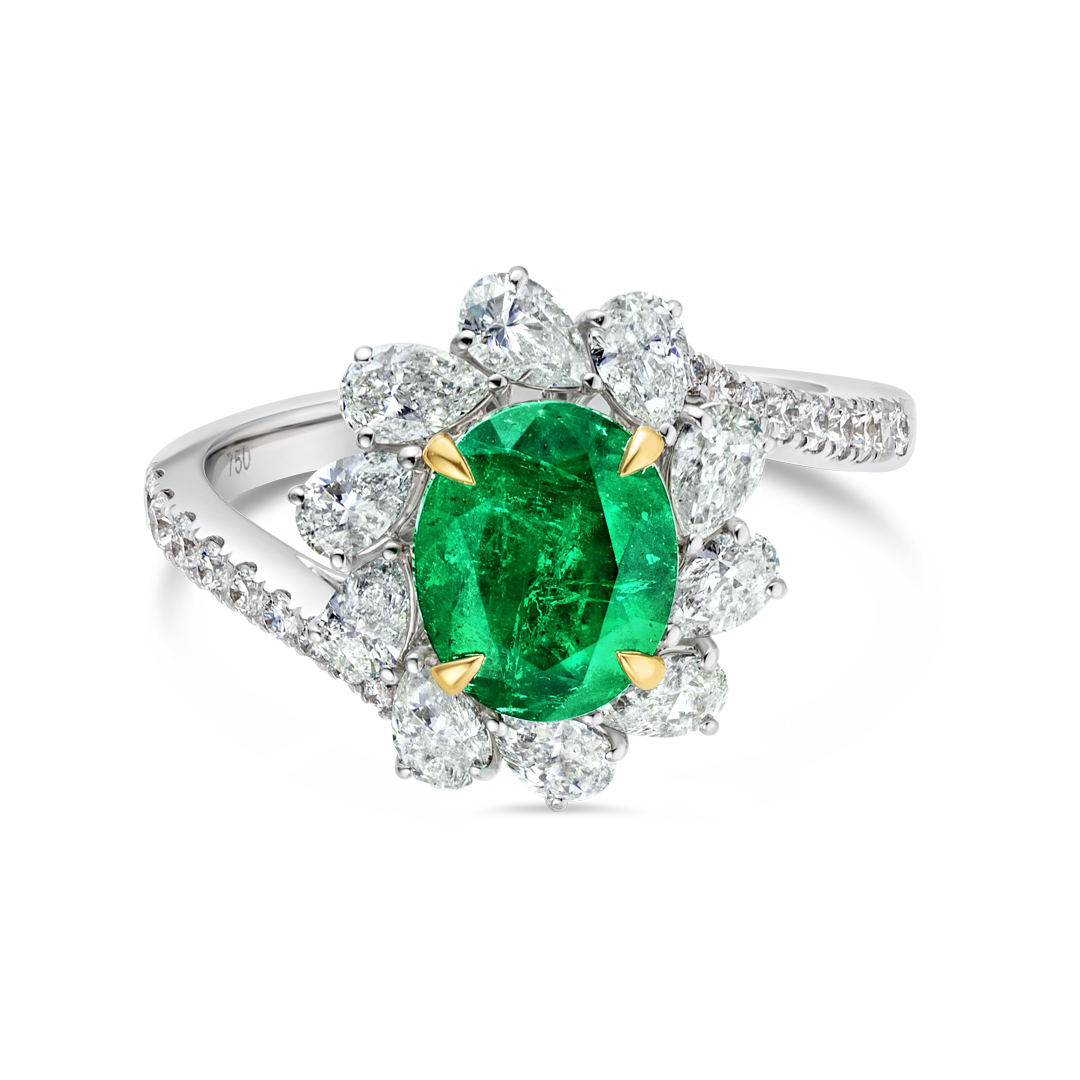 1.55ct Oval Natural Green Emerald Halo Ring White Gold