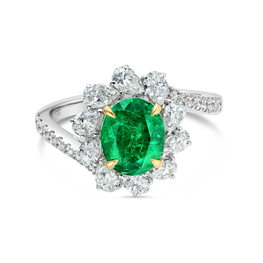 1.55ct Oval Natural Green Emerald Halo Ring White Gold