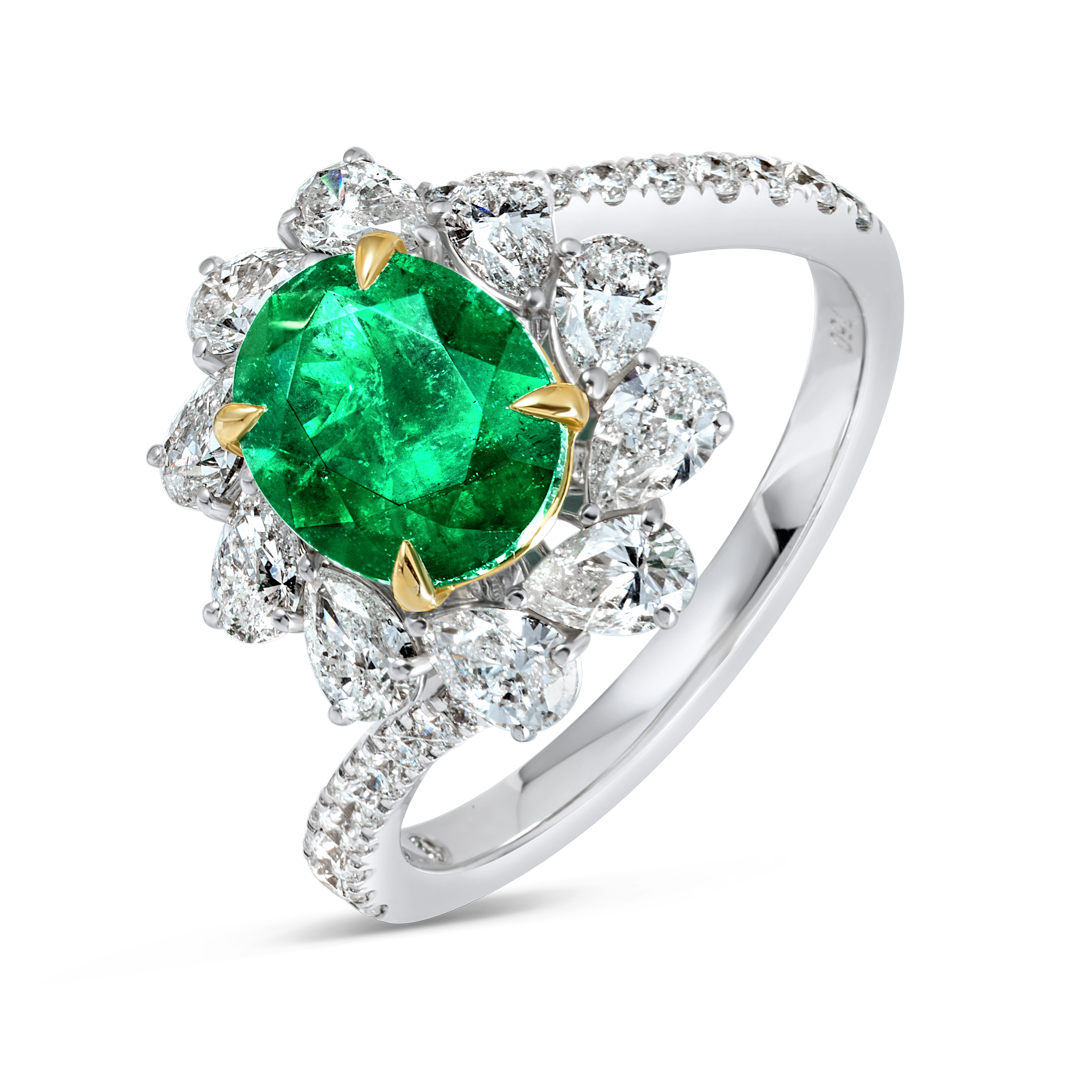 1.55ct Oval Natural Green Emerald Halo Ring White Gold