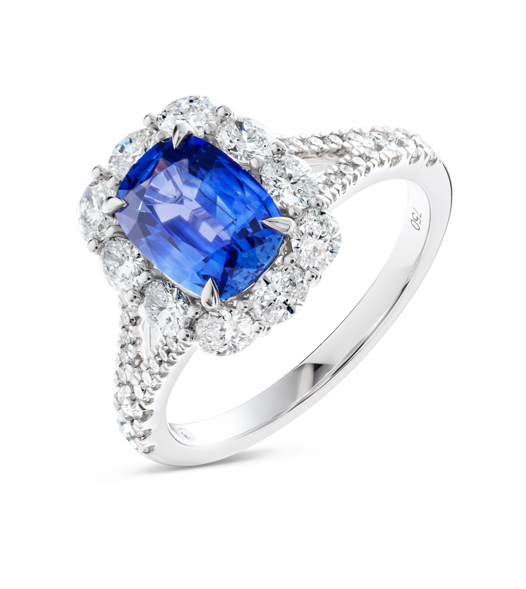 2.20ct Cushion Natural Blue Sapphire Halo Ring White Gold