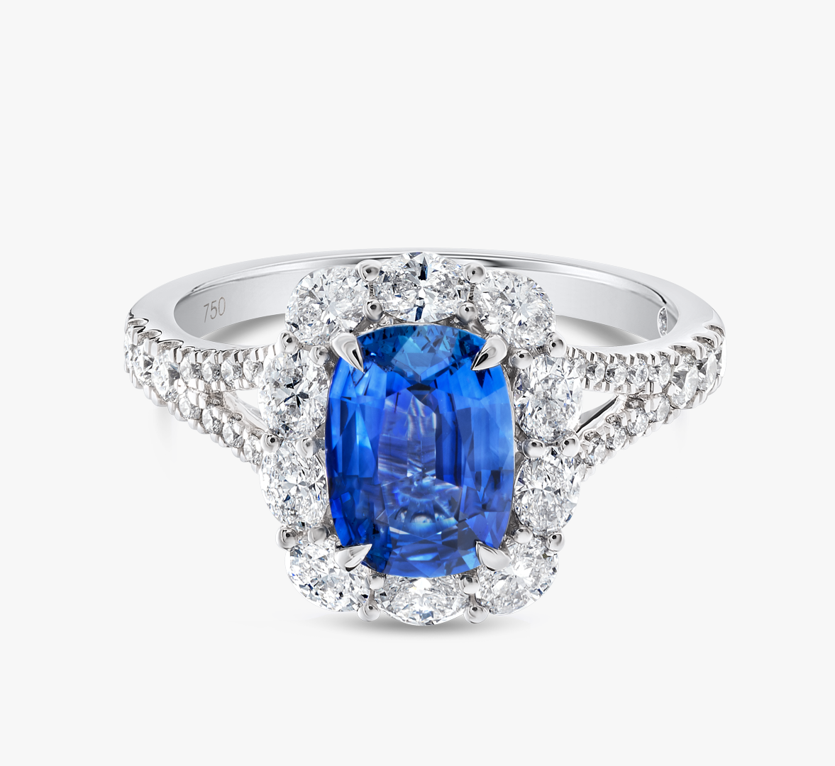 2.20ct Cushion Natural Blue Sapphire Halo Ring White Gold