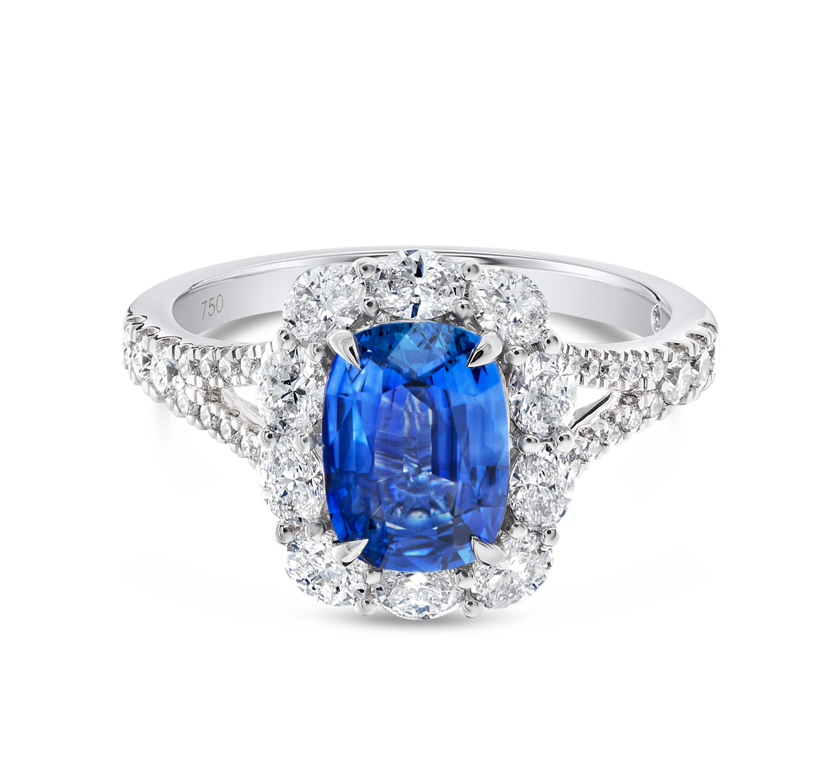 2.20ct Cushion Natural Blue Sapphire Halo Ring White Gold