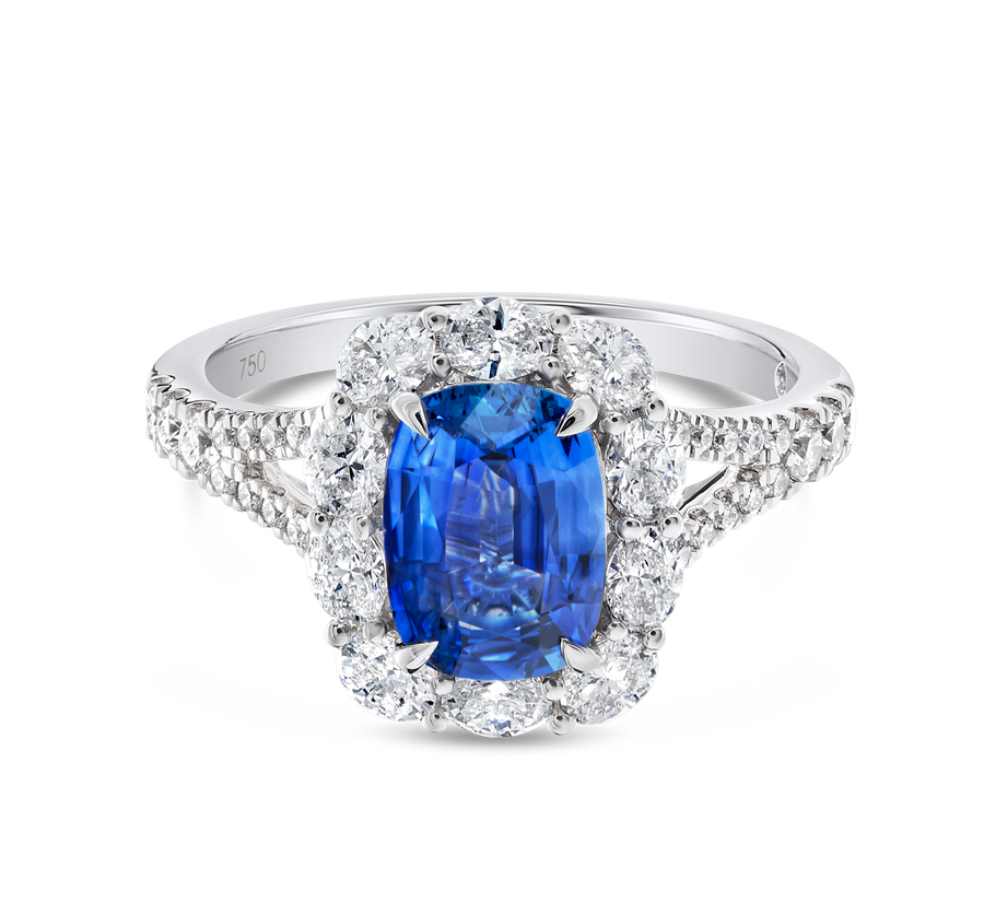 2.20ct Cushion Natural Blue Sapphire Halo Ring White Gold