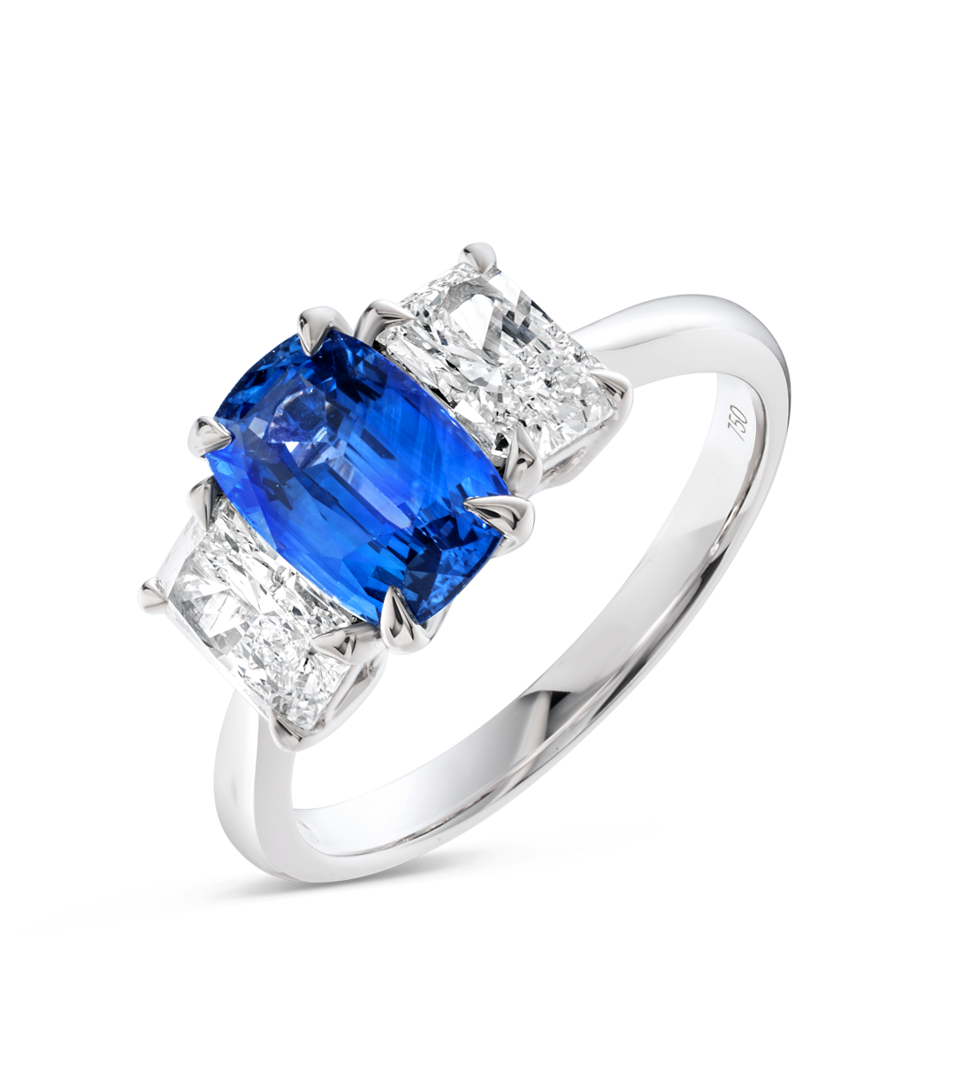 1.87ct Cushion Natural Blue Sapphire Trilogy Ring White Gold