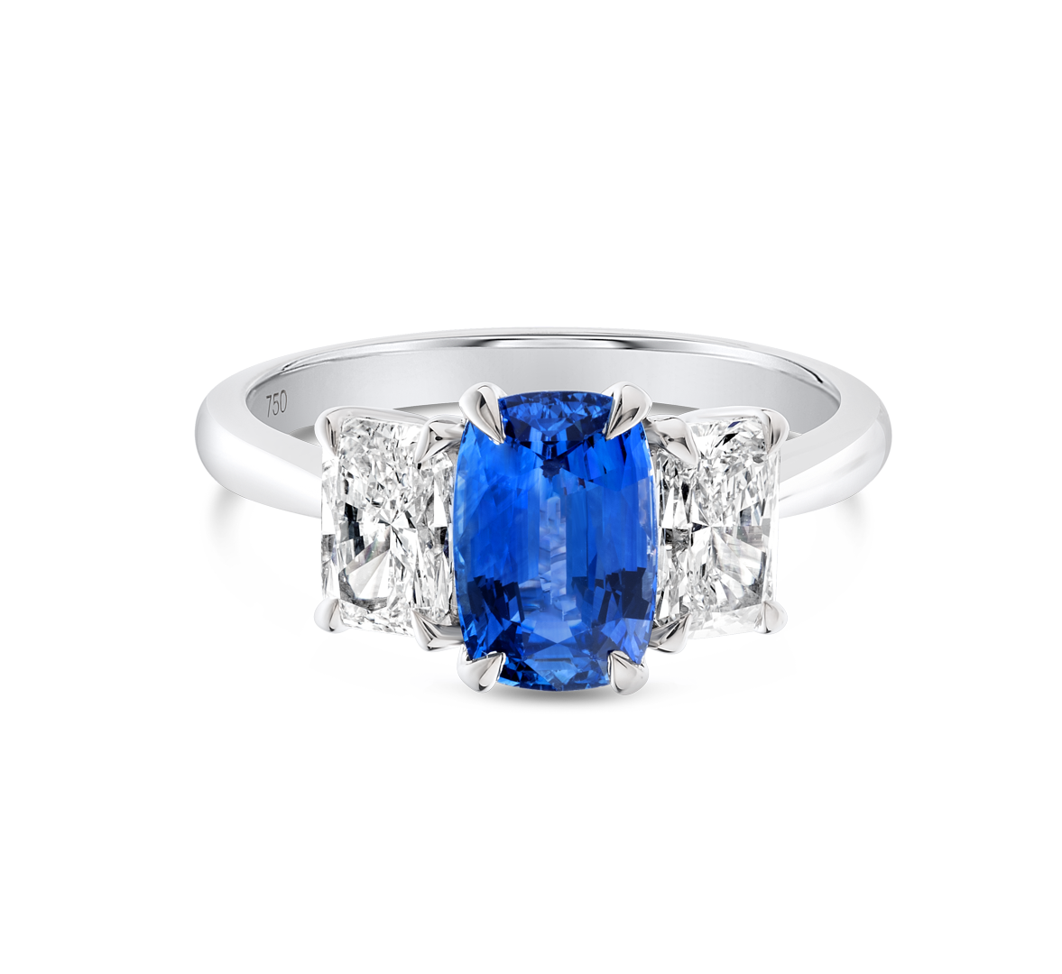 1.87ct Cushion Natural Blue Sapphire Trilogy Ring White Gold