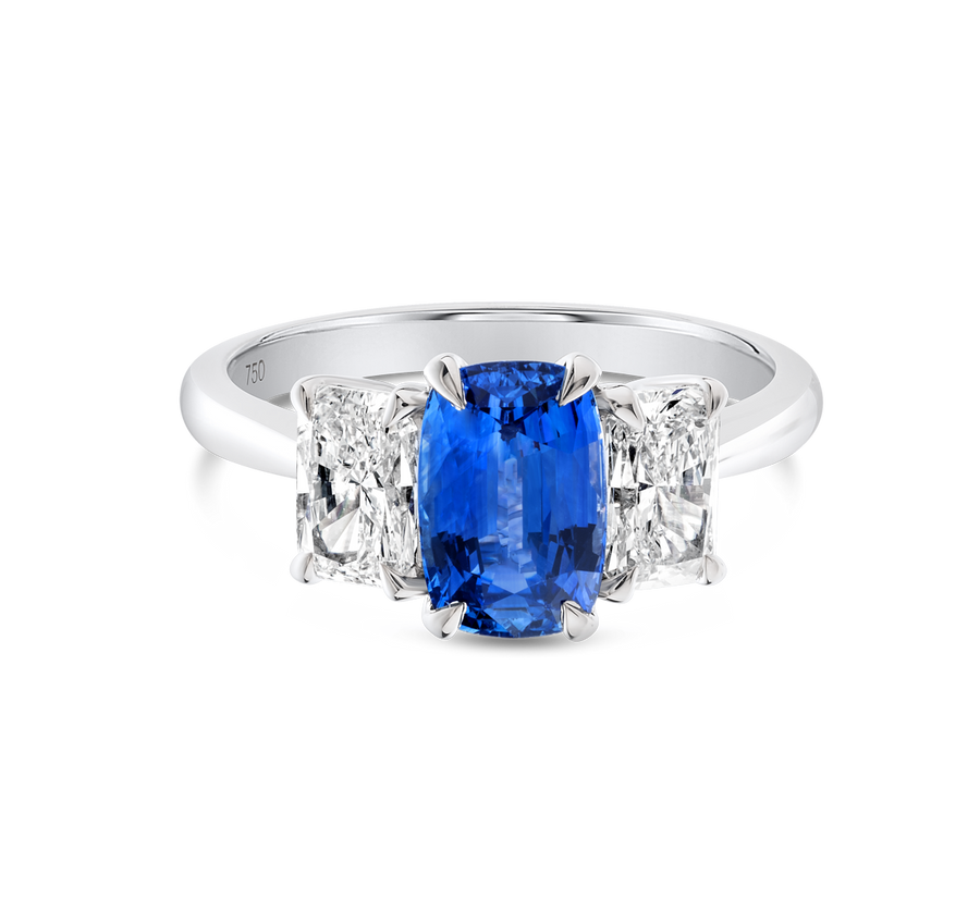 1.87ct Cushion Natural Blue Sapphire Trilogy Ring White Gold