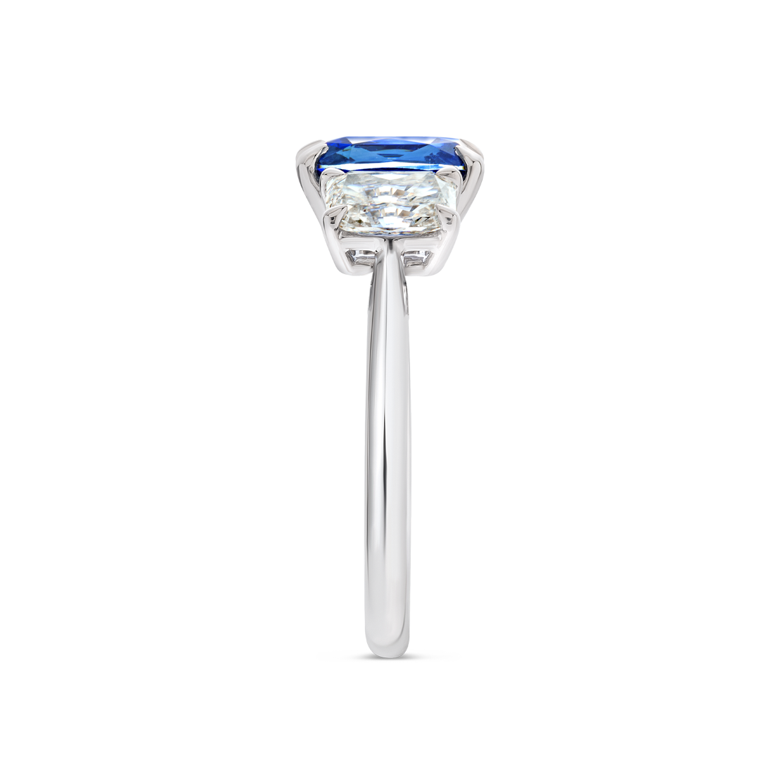 1.87ct Cushion Natural Blue Sapphire Trilogy Ring White Gold