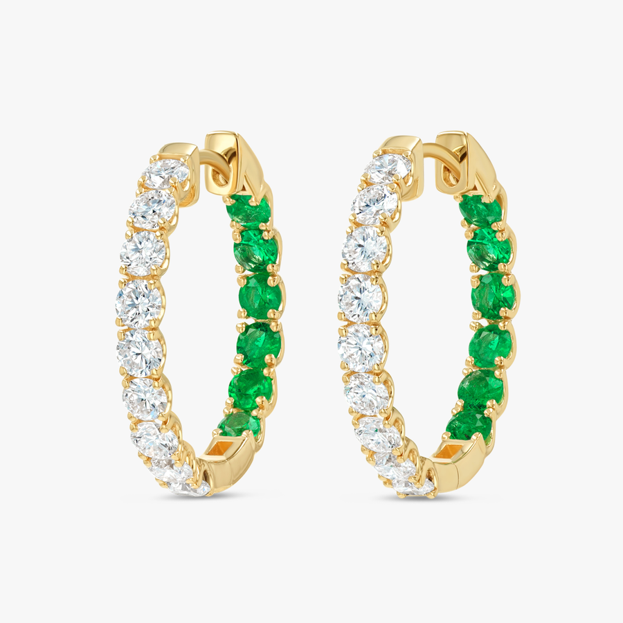 Inside Out Lab-Grown Diamond & Emerald Hoop Earrings Yellow Gold