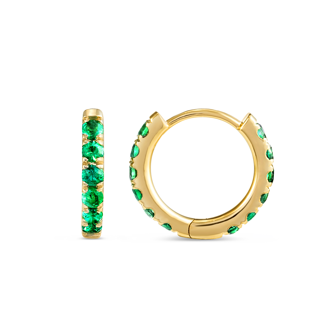 Small Emerald Huggie Earrings Yellow Gold