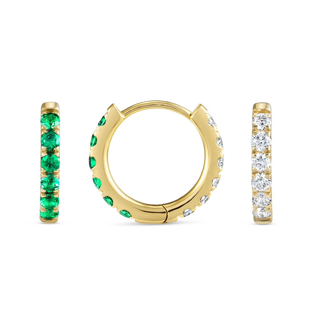 Small Lab-Grown Diamond & Emerald Huggie Earrings Yellow Gold