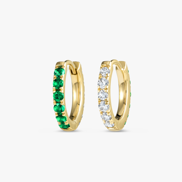 Small Lab-Grown Diamond & Emerald Huggie Earrings Yellow Gold