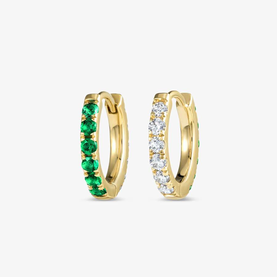 Small Lab-Grown Diamond & Emerald Huggie Earrings Yellow Gold