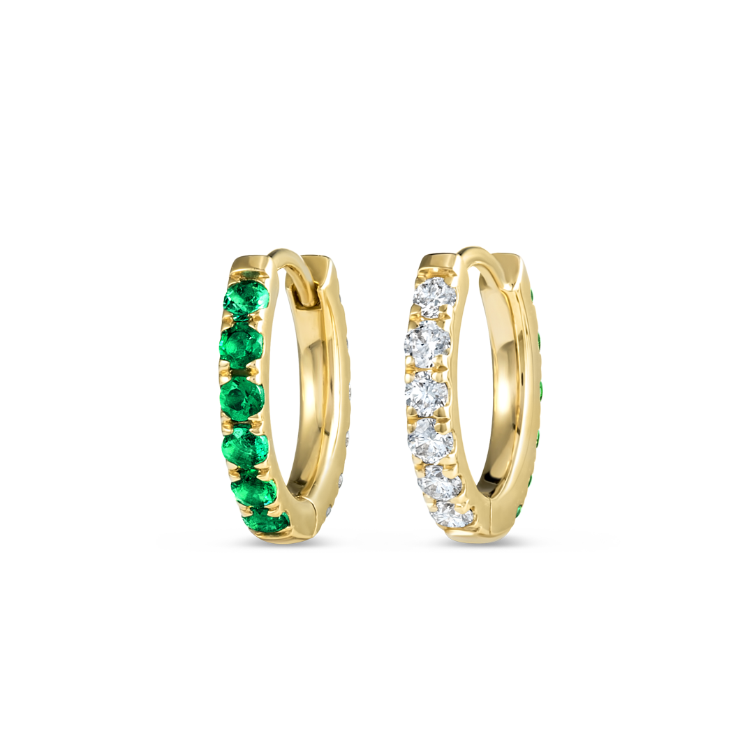 Small Lab-Grown Diamond & Emerald Huggie Earrings Yellow Gold