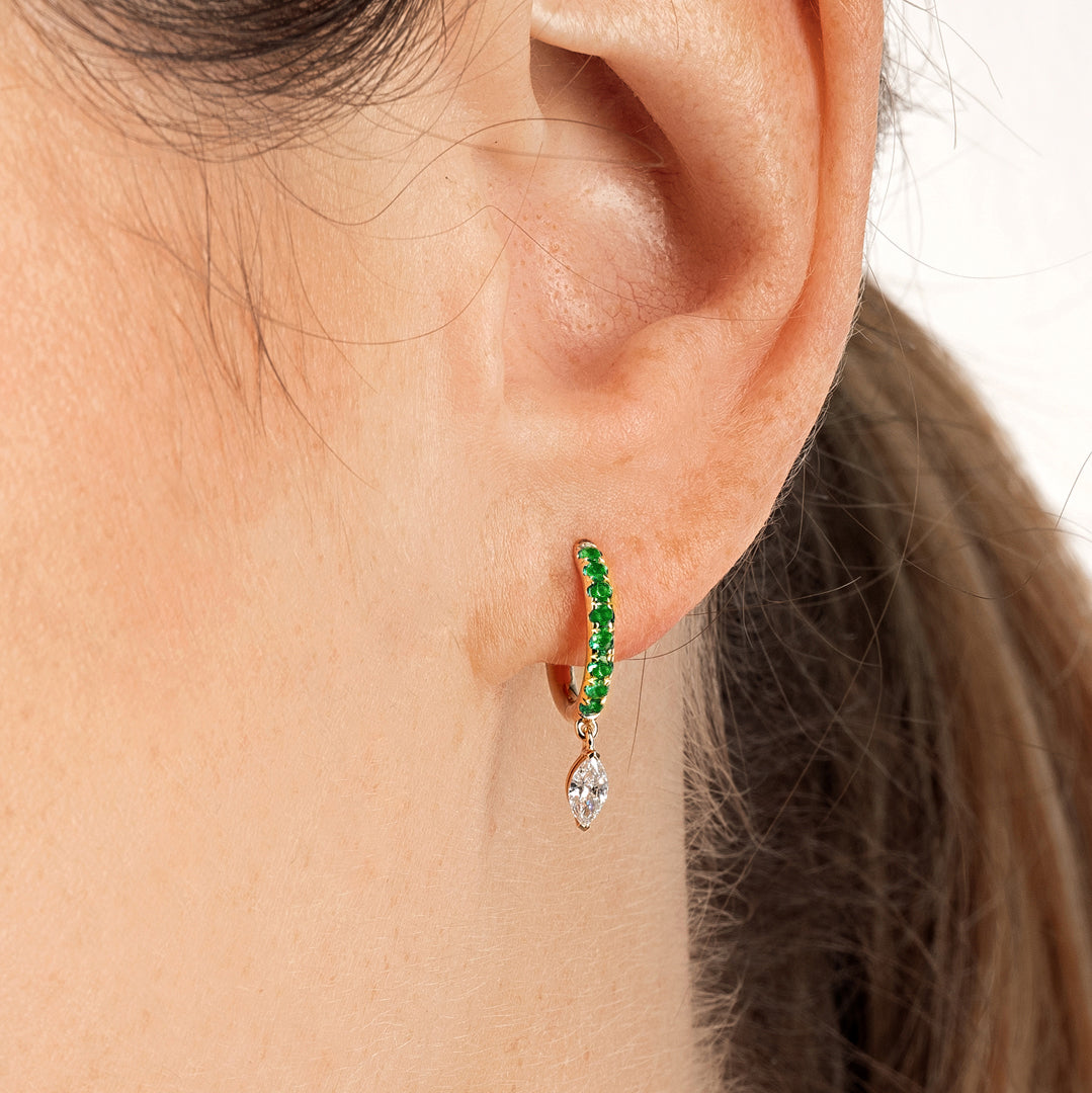 Marquise Lab-Grown Diamond & Emerald Drop Earrings Yellow Gold