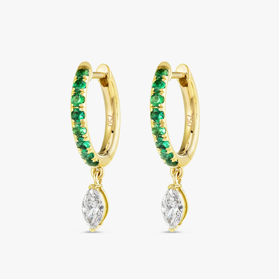 Marquise Lab-Grown Diamond & Emerald Drop Earrings Yellow Gold