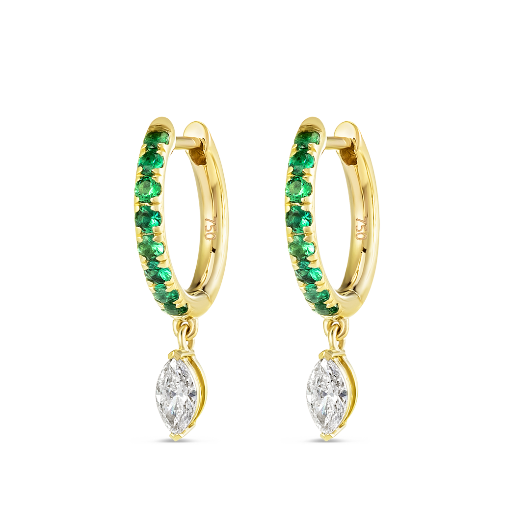 Marquise Lab-Grown Diamond & Emerald Drop Earrings Yellow Gold