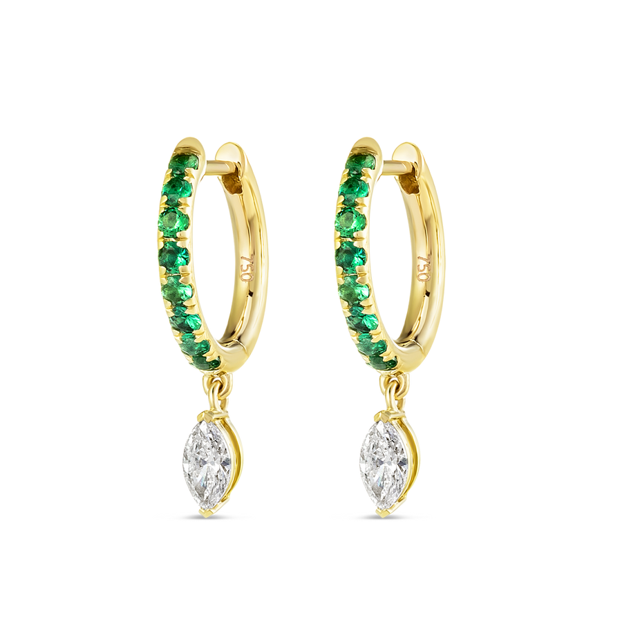 Marquise Lab-Grown Diamond & Emerald Drop Earrings Yellow Gold
