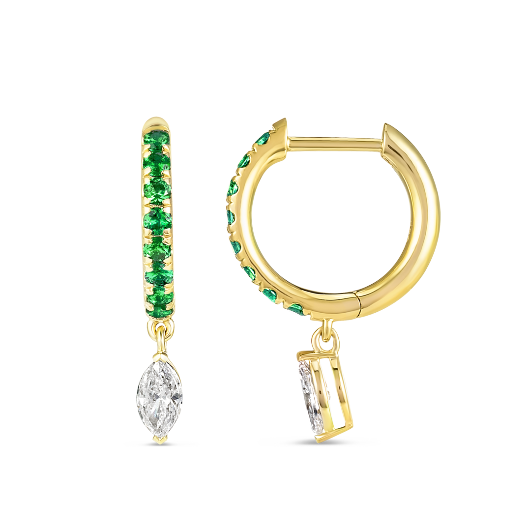 Marquise Lab-Grown Diamond & Emerald Drop Earrings Yellow Gold