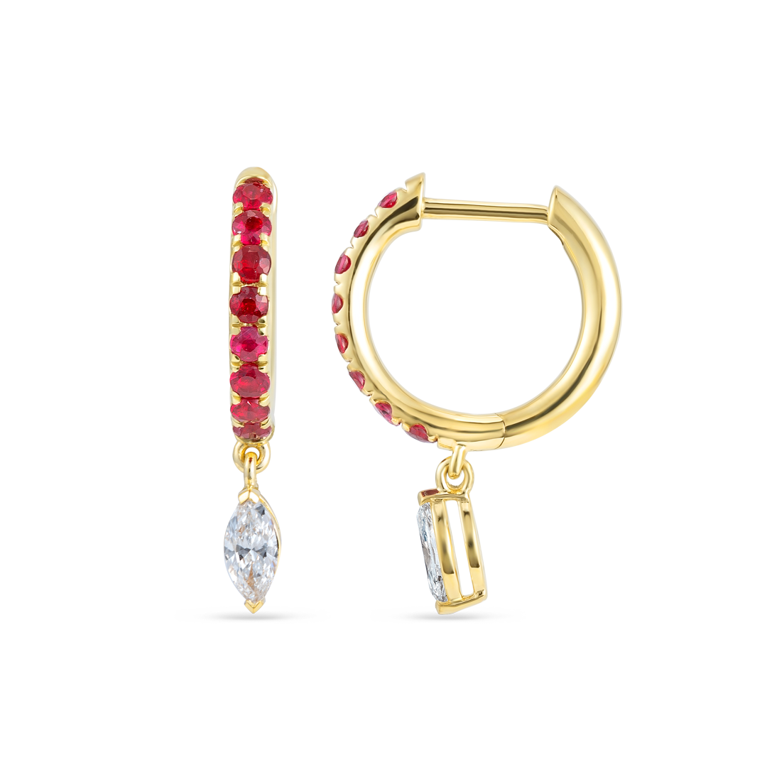 Marquise Lab-Grown Diamond & Ruby Drop Earrings Yellow Gold