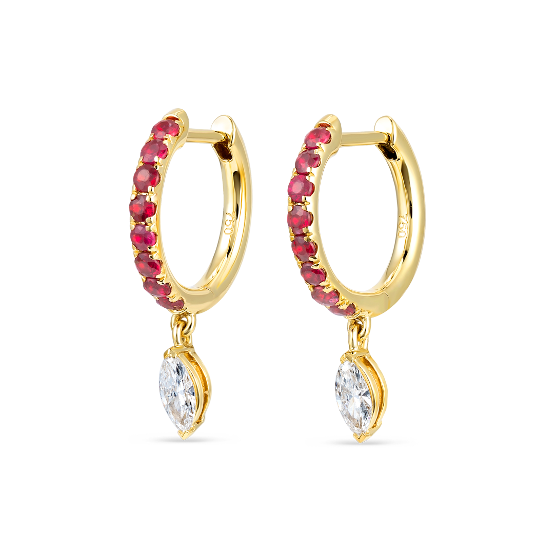 Marquise Lab-Grown Diamond & Ruby Drop Earrings Yellow Gold