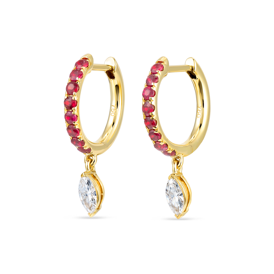 Marquise Lab-Grown Diamond & Ruby Drop Earrings Yellow Gold