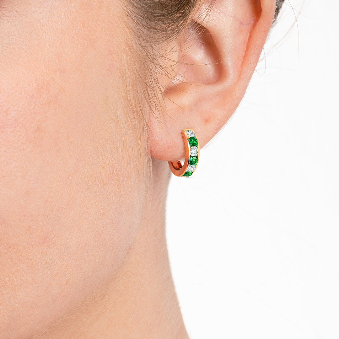 Channel Set Emerald & Lab-Grown Diamond Huggie Earrings Yellow Gold