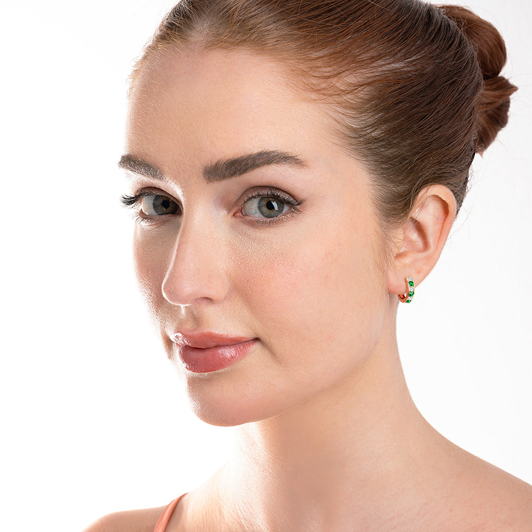 Channel Set Emerald & Lab-Grown Diamond Huggie Earrings Yellow Gold