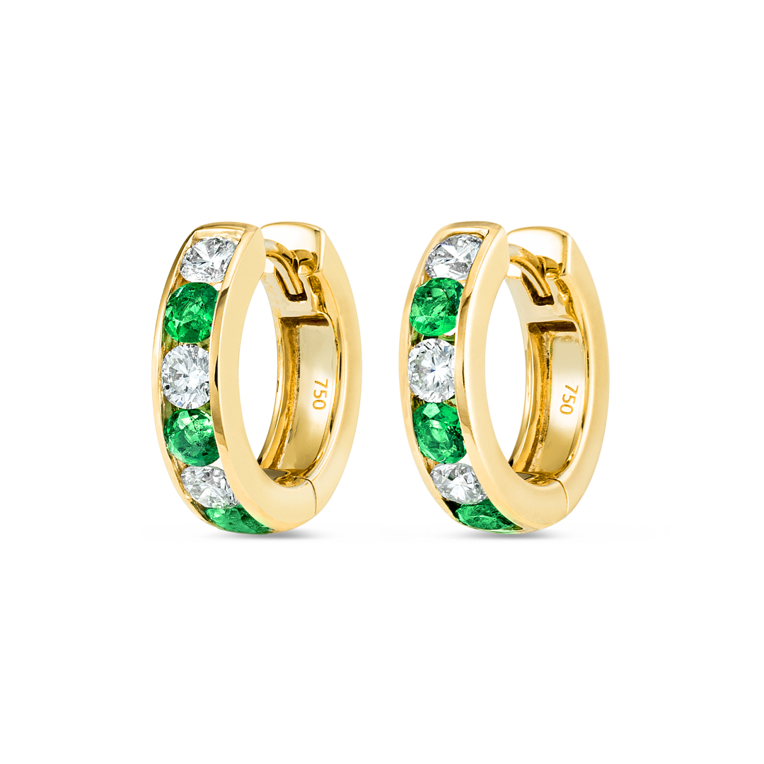 Channel Set Emerald & Lab-Grown Diamond Huggie Earrings Yellow Gold
